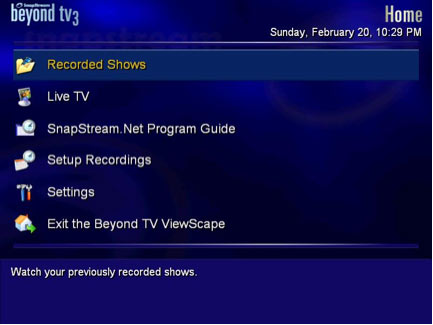 Menu with items: Recorded Shows / Live TV / Program Guide / Set Up Recordings / Settings / Exit