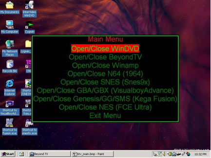 Menu with items: Open/Close WinDVD / Open/Close BeyondTV / Open/Close Winamp etc., with Exit at bottom